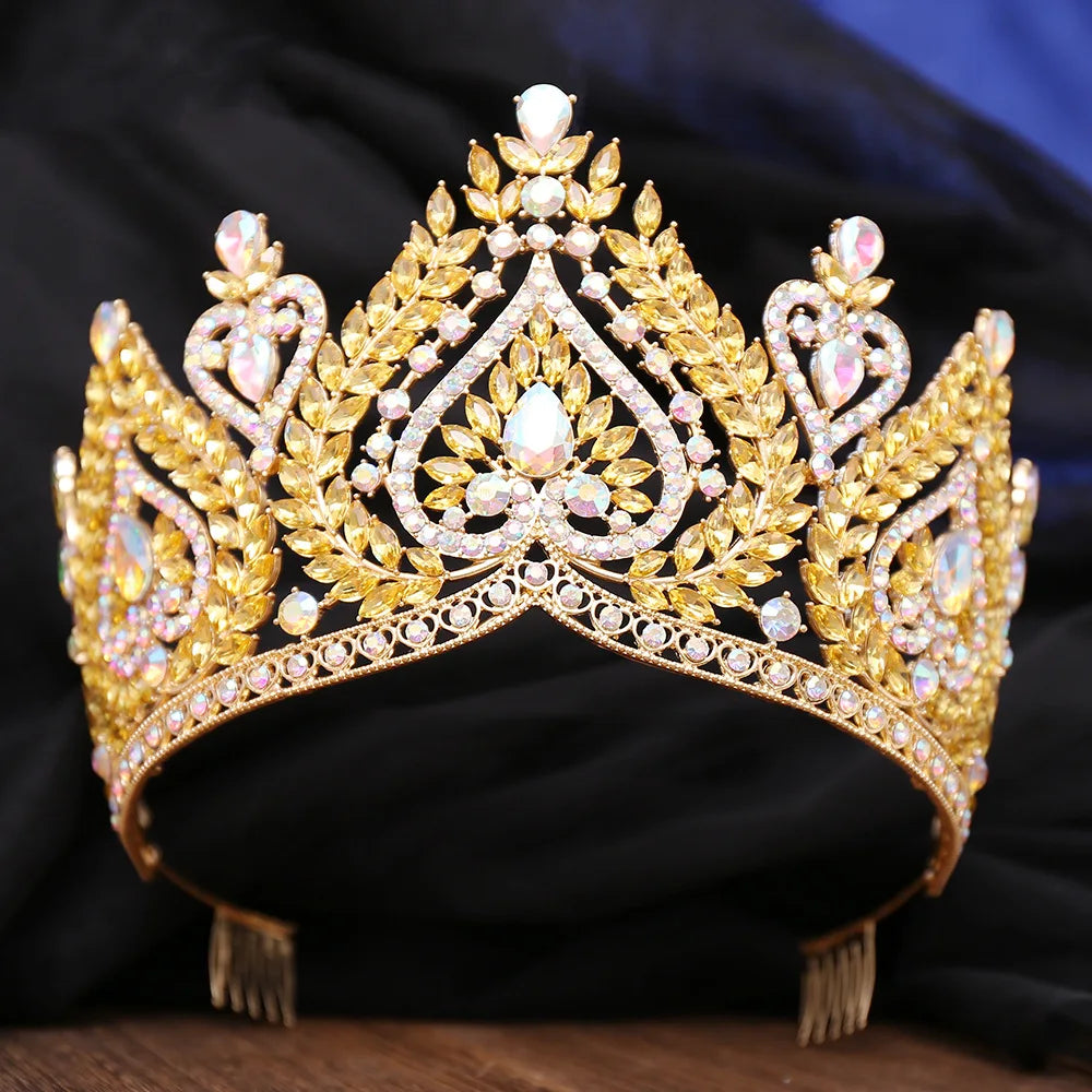 AB Color Crystal Tiaras for Brides Diadem Princess Crown Combs Headwear Wedding Dress Hair Jewelry Pageant Headdress - EUFASHIONBAGS