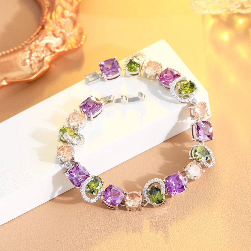 Genuine Cubic Zirconia Sparkling Purple Olive Green CZ Stone Charm Female Engagement Party Bracelets Jewellery - EUFASHIONBAGS