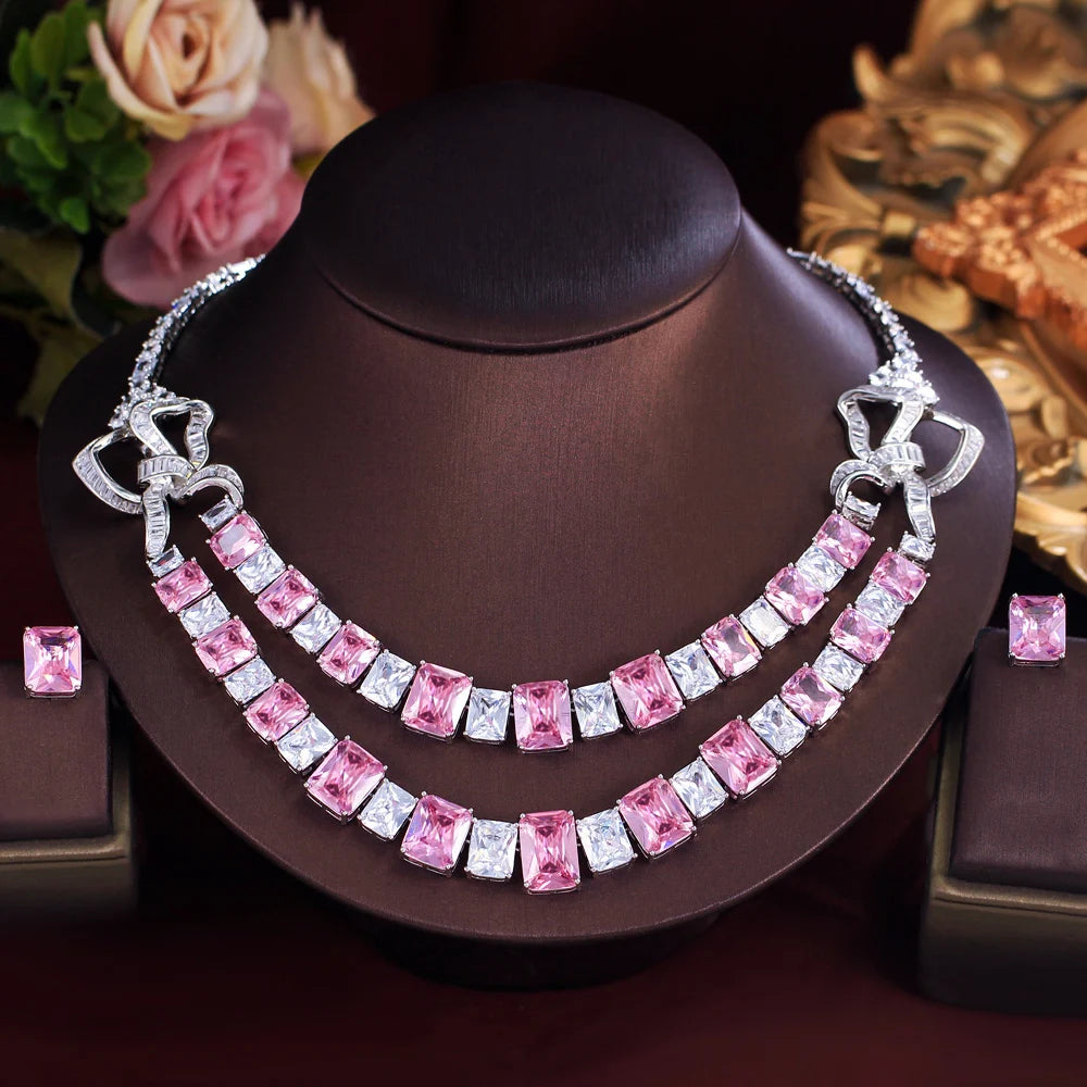 Luxury Big Square Chunky Pink Cubic Zirconia Double Layered Necklace Wedding Jewelry Sets for Brides Party Wear - EUFASHIONBAGS