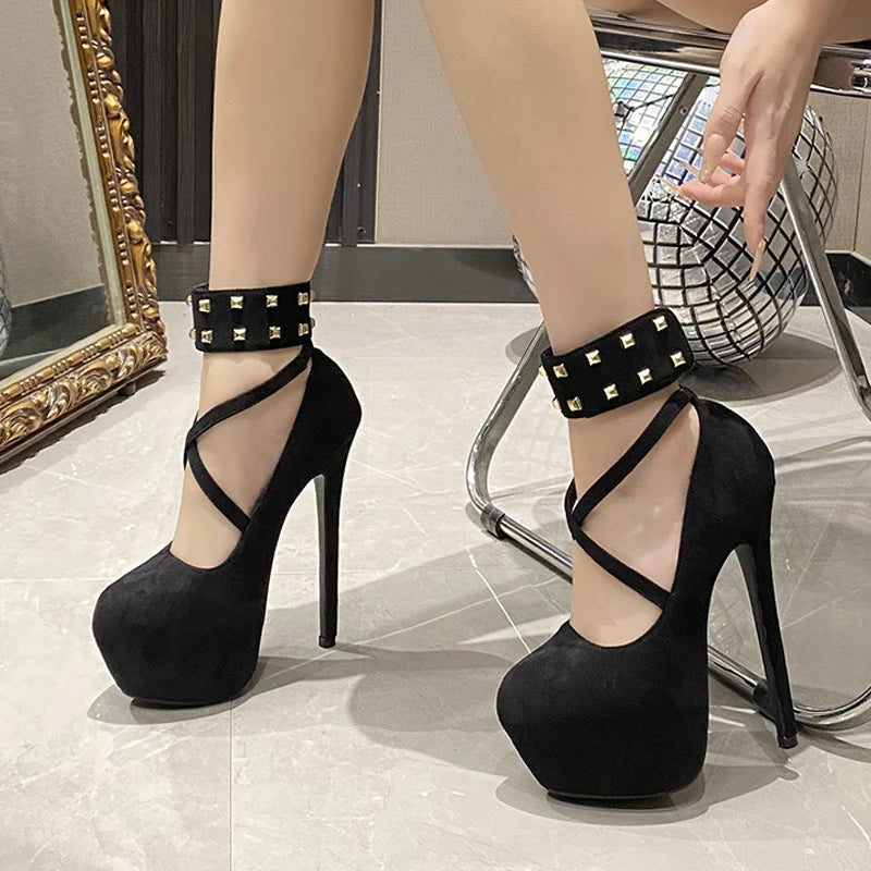 Big Size 43 44 45 Women Pumps Solid Black Round Toe Metal Rivet Ankle Hook Strap Platform High Heels Wedding Banquet Shoes - EUFASHIONBAGS