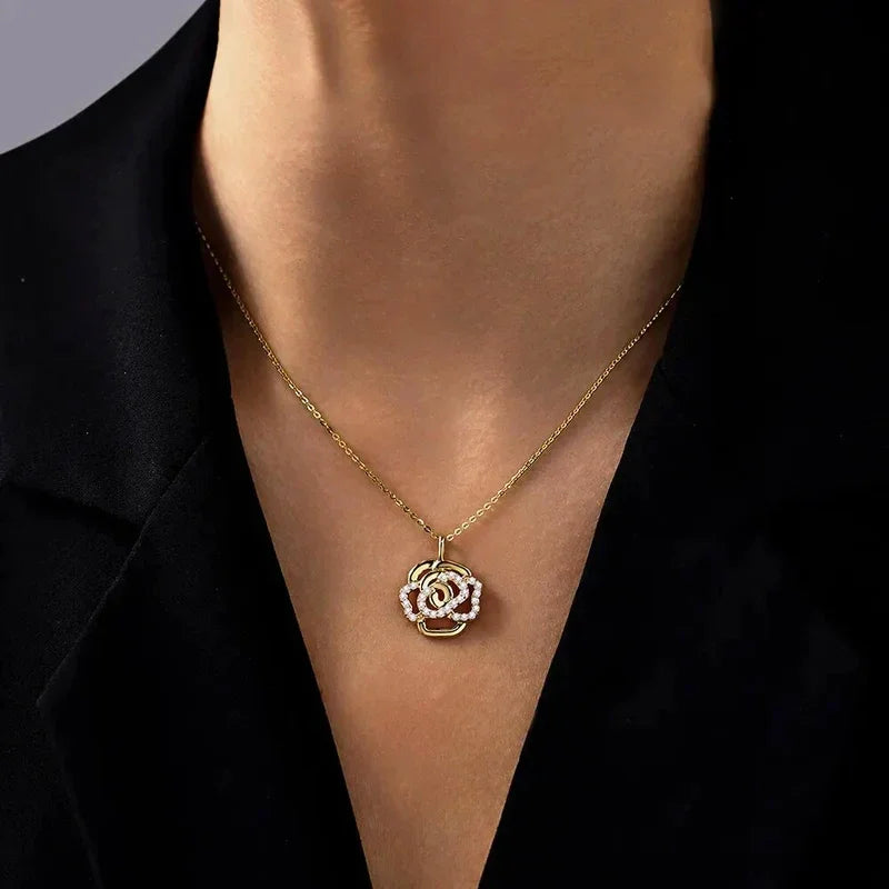 Aesthetic Camellia Flower Necklace Women for Wedding Luxury Gold Color Pendant Necklace with CZ Fancy Gift Trendy Jewelry - EUFASHIONBAGS