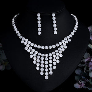 Bling Round Dangle Drop CZ Zirconia Tassel Wedding Necklace Earrings set cw05 - www.eufashionbags.com