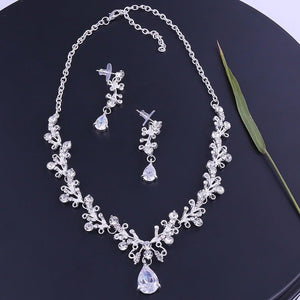 Fashion Crystal Leaf Bridal Jewelry Set Rhinestone Crown Tiaras Necklace Earrings Sets bj17 - www.eufashionbags.com